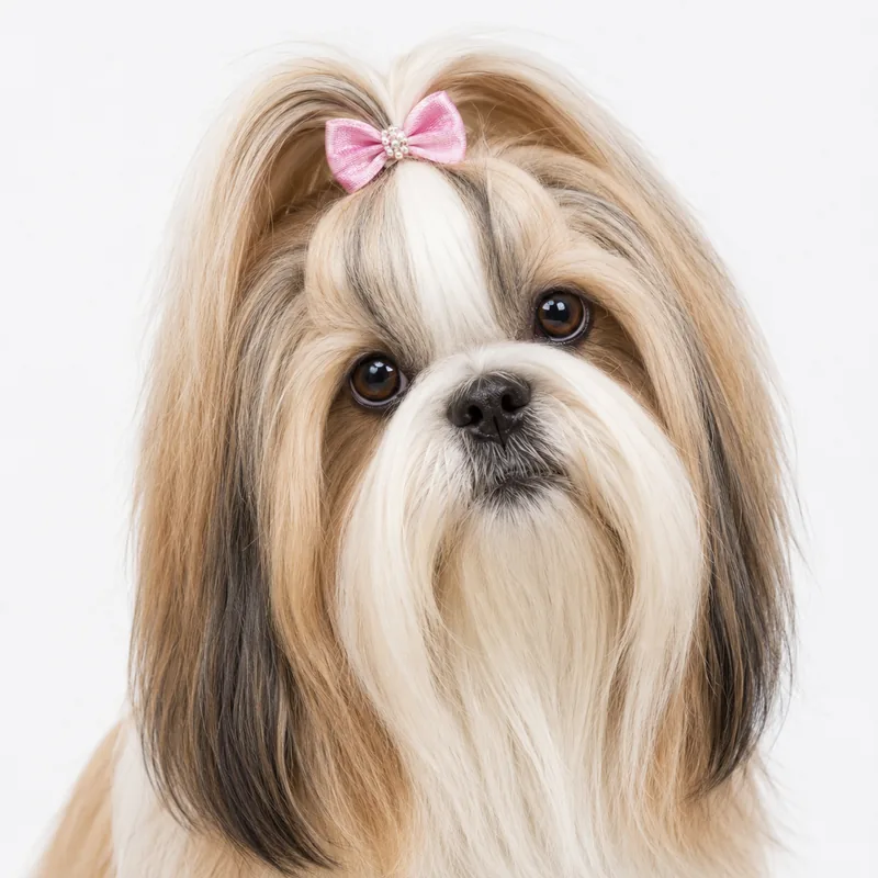 Illustrated portrait of a Shih Tzu with a pink hair bow