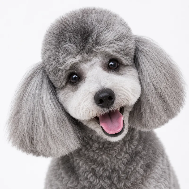 Illustrated portrait of a grey poodle with a breed cut